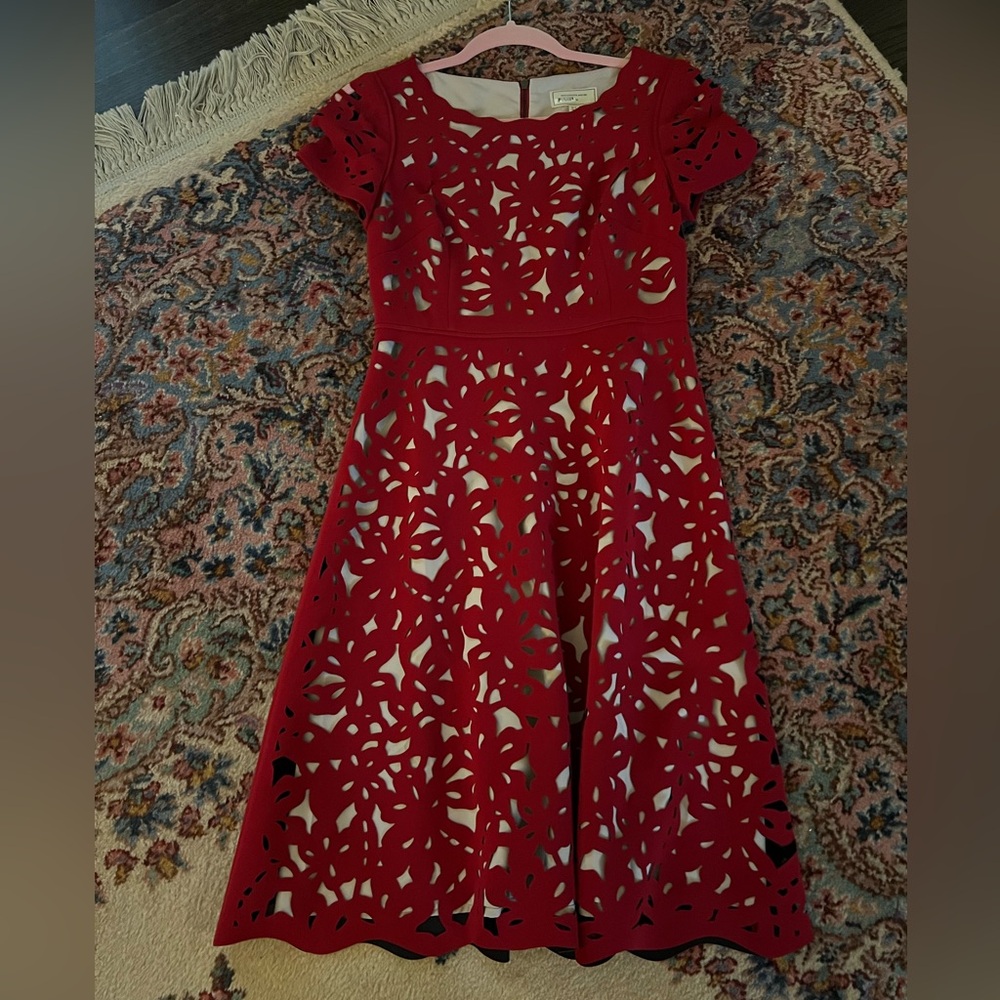 Red lace dress from Anthropologie